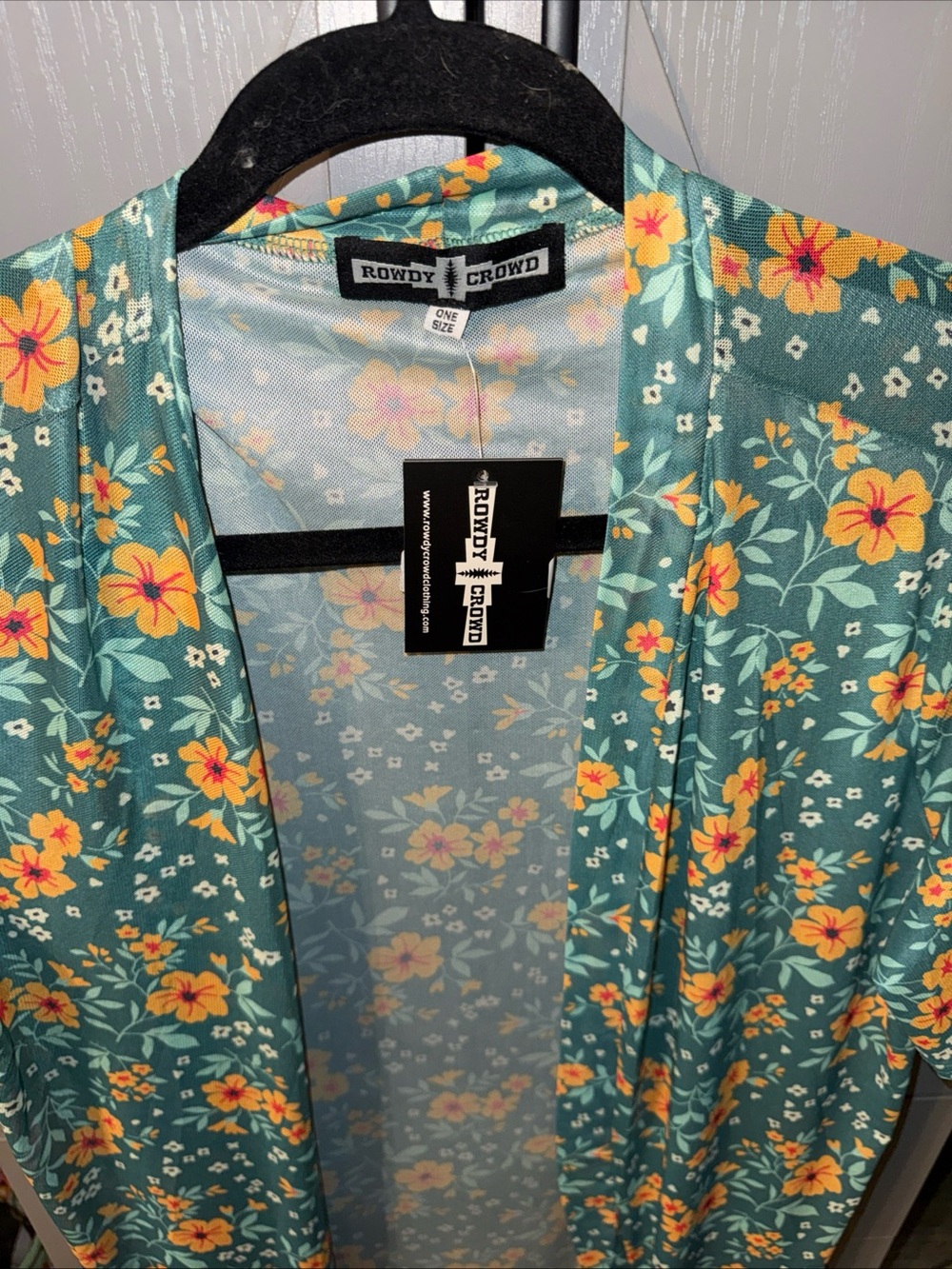 Teal Floral Open-Front Women's Kimono Cardigan - Orange Floral Print - Picture 3 of 5